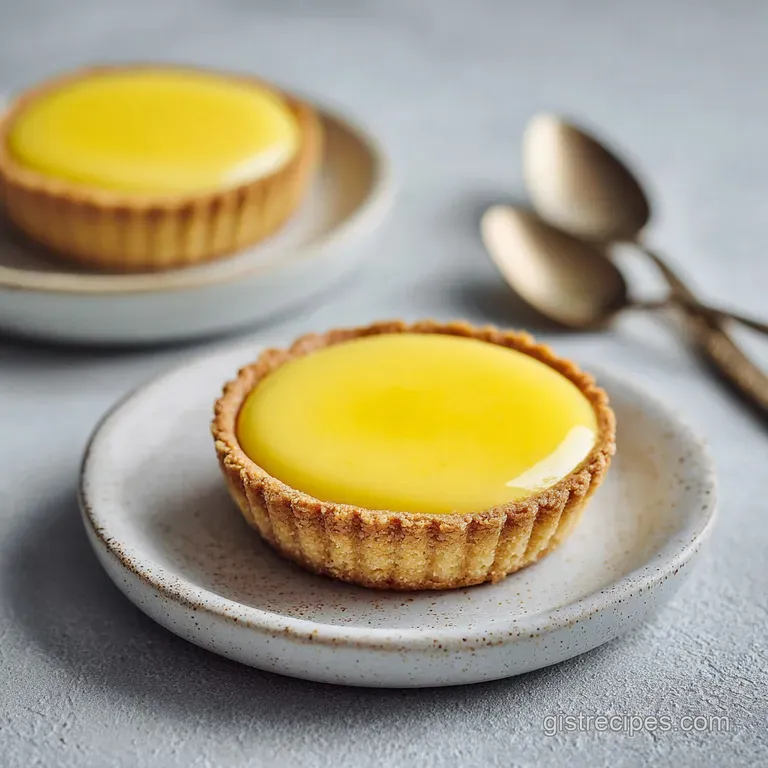 A single small lemon pie on a white ceramic plate, garnished with a mint leaf and a thin slice of fresh lemon.