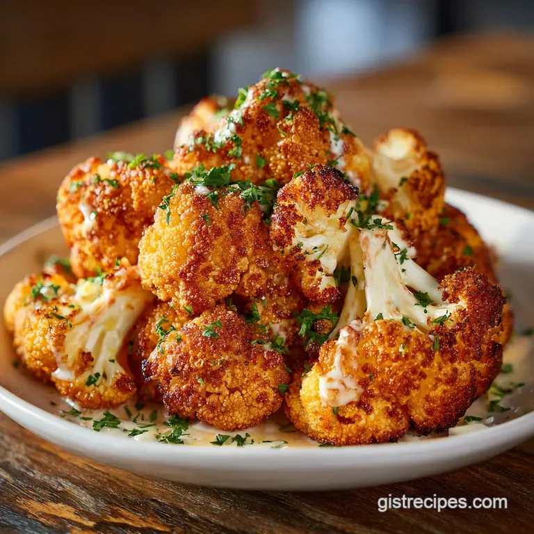 A vibrant plate of golden, crispy cauliflower florets glistening with a creamy, spicy sauce, garnished with fresh green he...