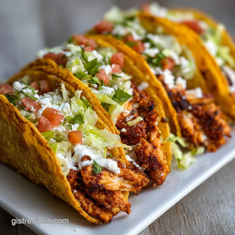 A single baked chicken taco overflowing with vibrant toppings: lettuce, tomato, sour cream. Warm, inviting, and ready to b...