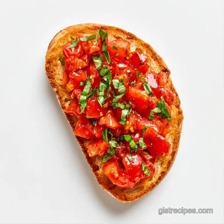 Golden toasted bread rounds topped with red tomato salsa on a white platter, garnished with fresh green basil.
