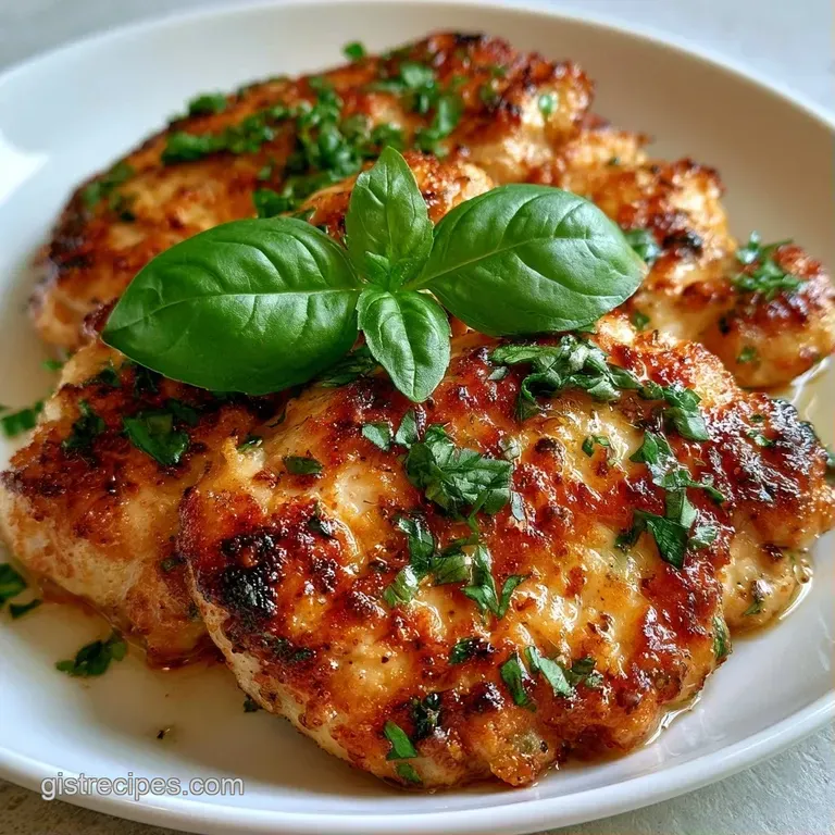 Seared chicken breasts arranged on a white plate, drizzled with a herb-infused glaze and topped with fresh basil sprigs.