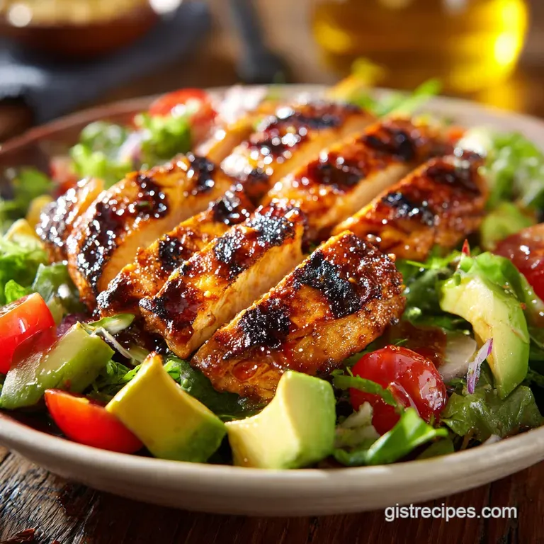 Artfully arranged BBQ chicken salad. Tender chicken and vibrant vegetables are drizzled with dressing in an inviting singl...