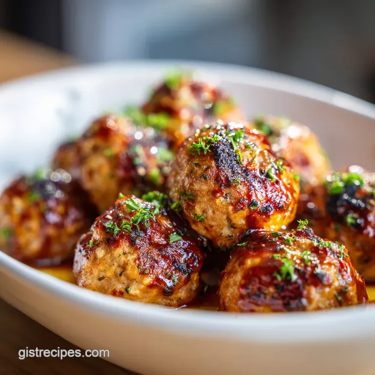 A tower of glossy BBQ meatballs drizzled with sauce, reflecting light, elegantly stacked on a clean, white plate.