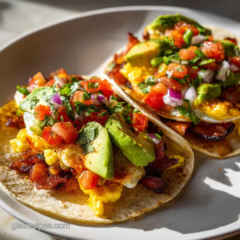Breakfast taco plated with style: golden-brown tortilla wraps a vibrant filling, with a scattering of fresh cilantro & a d...