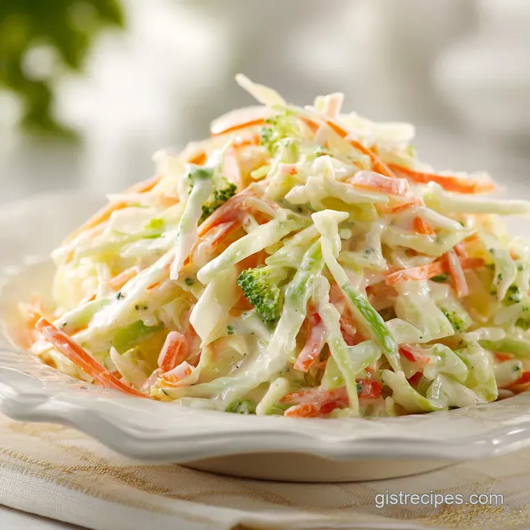 Close-up of broccoli slaw elegantly plated, highlighting the colorful mix of broccoli, carrots, and creamy, tangy dressing.