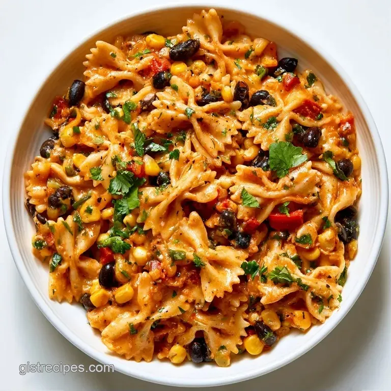 A bright white ceramic bowl filled with vibrant corn, dark beans, and spiral pasta set against a rustic wooden tabletop.