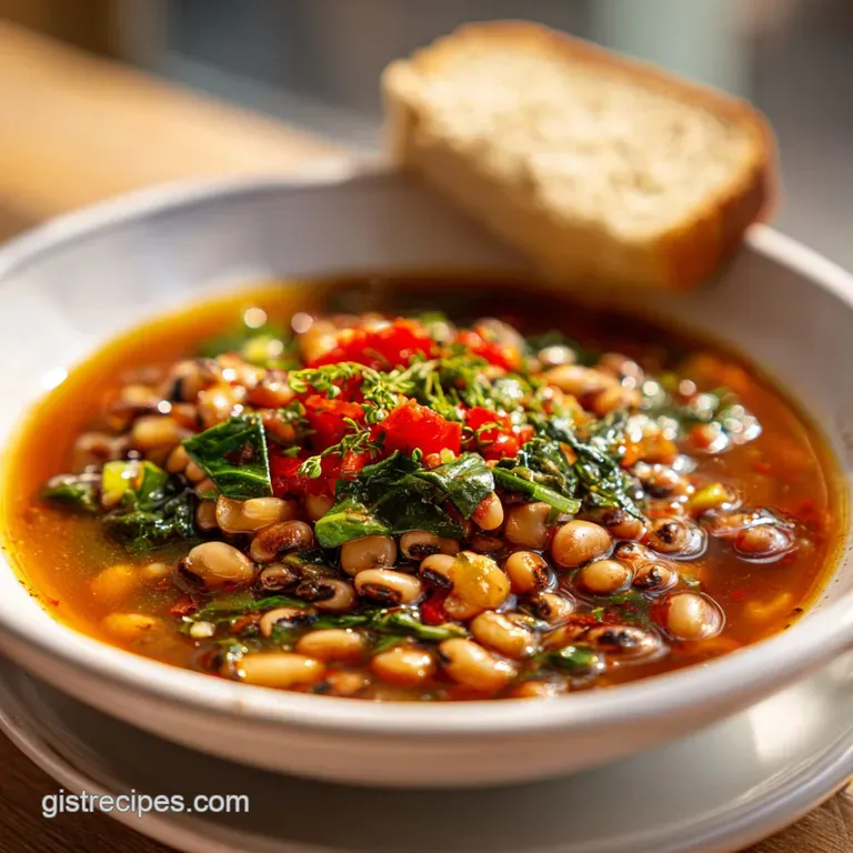 A steaming bowl of black-eyed pea soup with a swirl of cream, garnished with parsley. Comfort food elegance.
