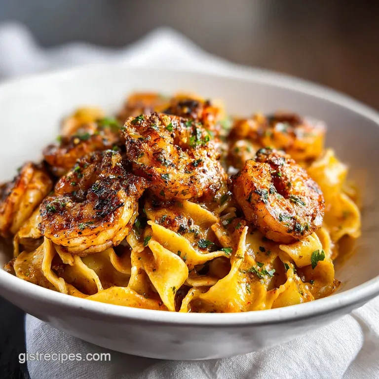 Elegant plate of stroganoff with blackened shrimp. Glistening sauce, fresh parsley, and vibrant paprika create a flavorful...