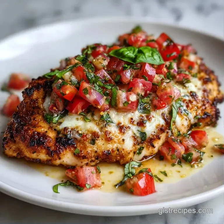 Seared chicken breast on a white platter, topped with bright cherry tomatoes and a drizzle of dark balsamic glaze.