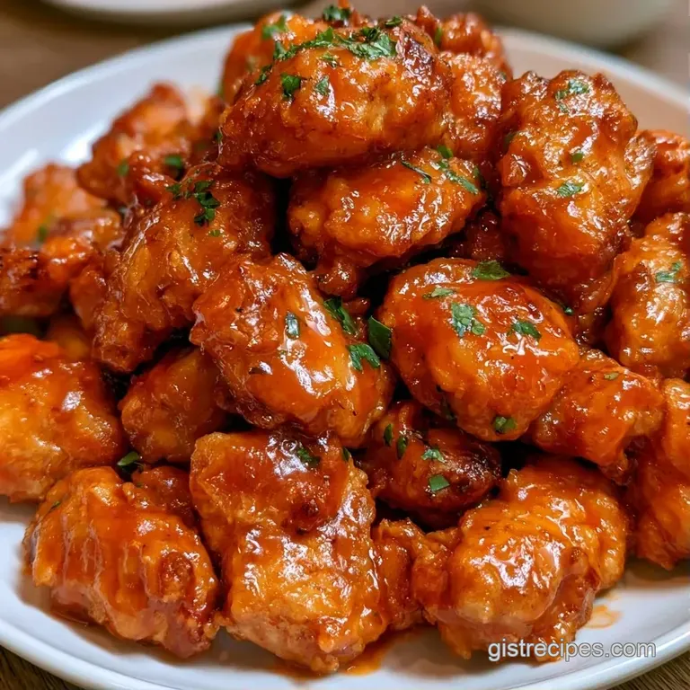 Glazed orange chicken pieces arranged on a white ceramic plate with a small bowl of creamy white dipping sauce.