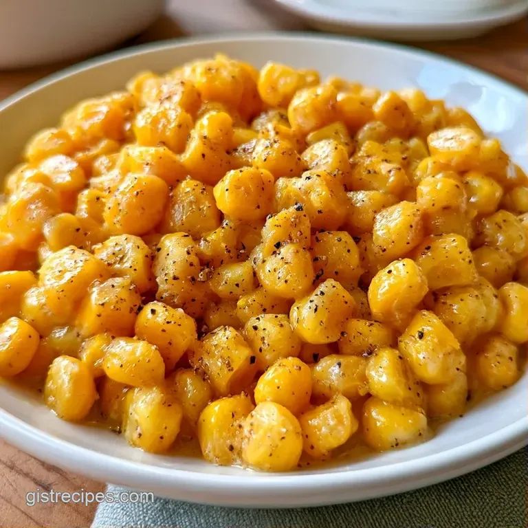 Elegant white bowl filled with glistening yellow corn, topped with a melting butter pat and fresh parsley.