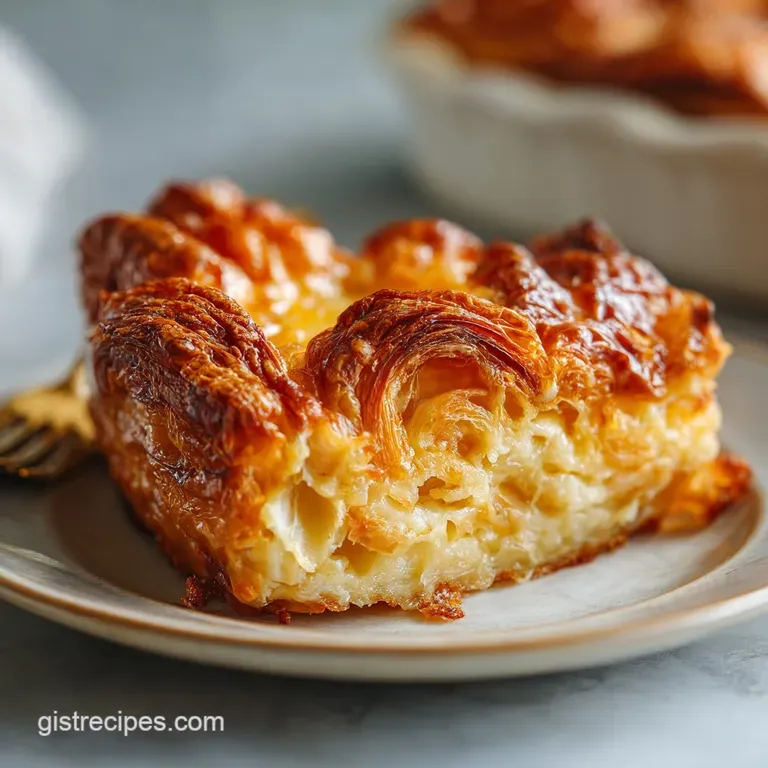 Slice of breakfast casserole with golden croissants and crisp bacon. Steam rises, topped with melted cheese and fresh gree...