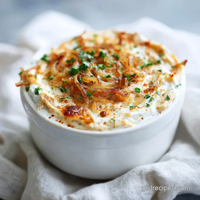 A rustic ceramic bowl brimming with a savory, rich dip, topped with chives and crusty bread.