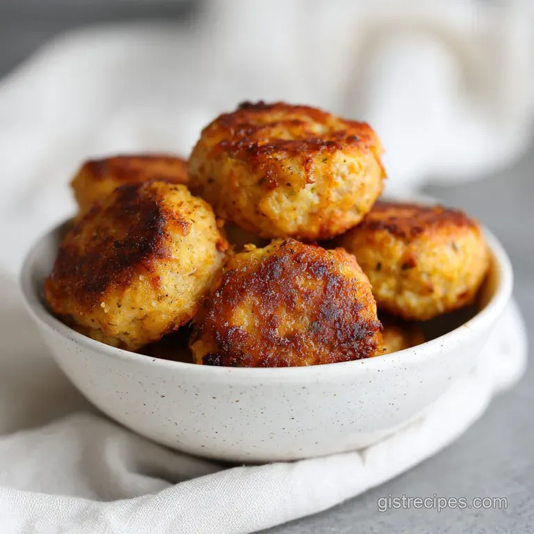 Plump, cheesy sausage balls arranged artfully on a white plate, glistening with a warm glow.