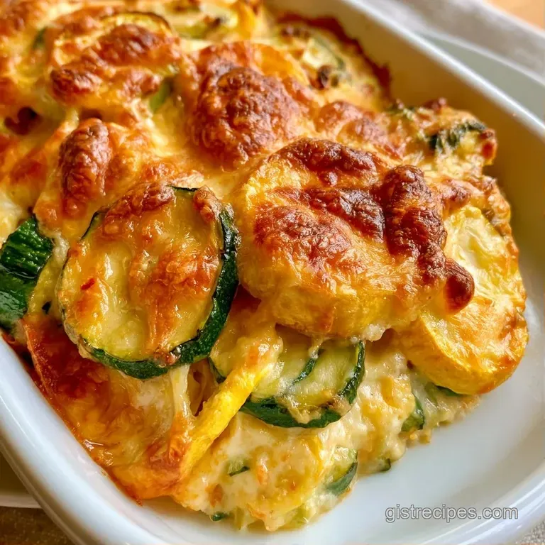 A neat square slice of cheesy vegetable bake on a white plate, showing layers of tender zucchini and melted cheese.