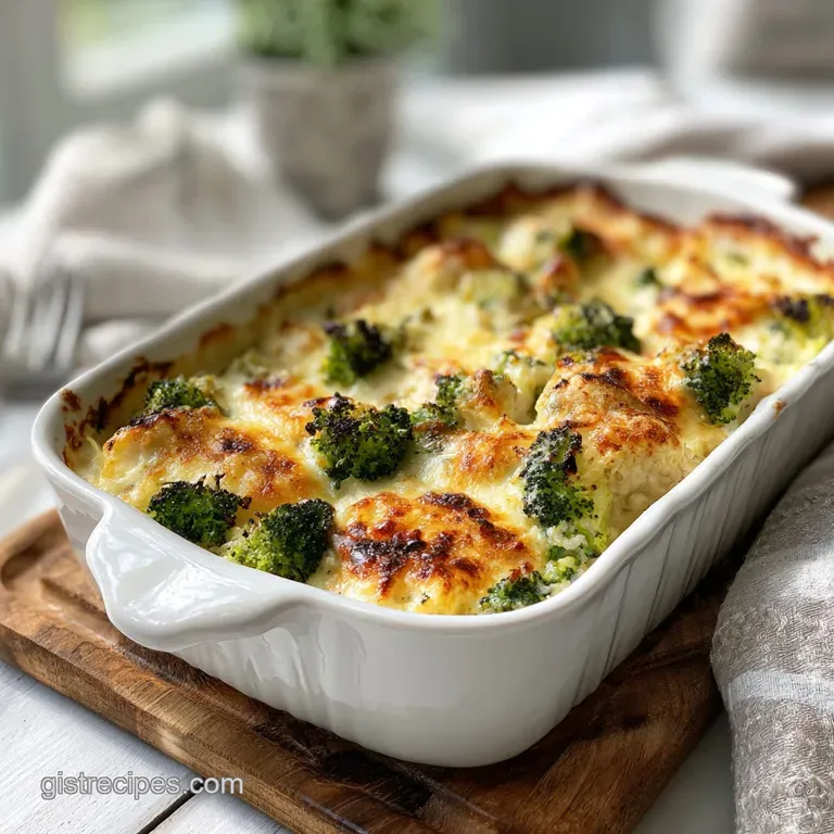 Chicken Divan plated elegantly: Steaming broccoli florets nestled under a rich, cheesy sauce, topped with golden, crispy b...