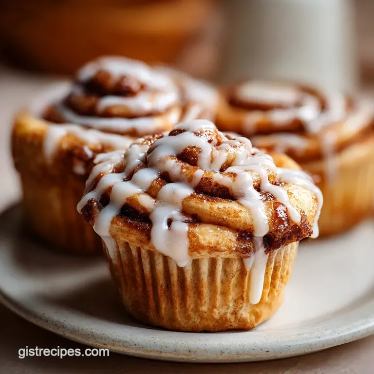 Warm, flaky cinnamon roll muffin plated on a white dish, dusted with powdered sugar and a sprig of fresh mint for contrast.