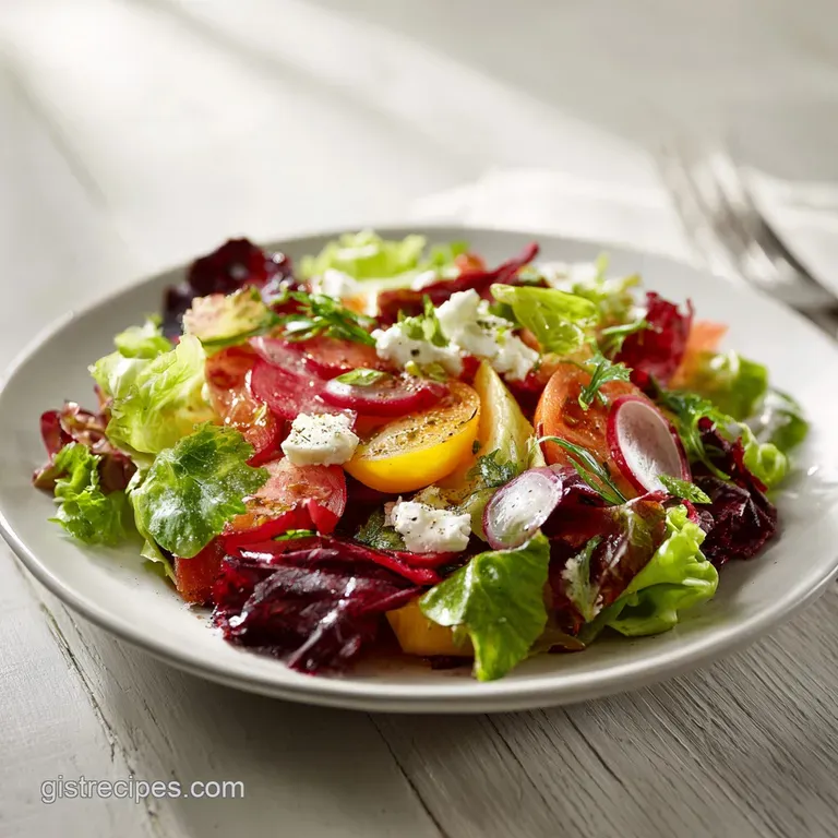 A vibrant garden salad artfully arranged on a white plate, showcasing fresh, crisp textures and a light vinaigrette.