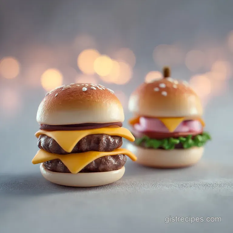 A neat stack of petite burgers, glistening with sauce, on a rustic wooden board.