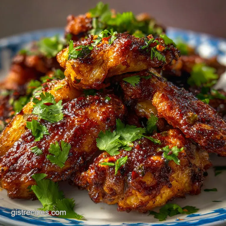 Plated chicken wings drizzled with vibrant cowboy butter. Garnished with red pepper flakes and fresh herbs for a colorful,...