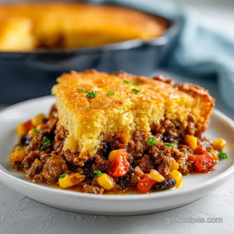 A generous slice of cowboy casserole with a fluffy cornbread top, served with a dollop of sour cream.