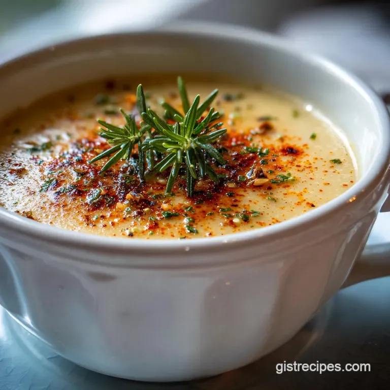 Creamy soup in a rustic bowl, garnished with herbs and a swirl of cream. A cozy presentation with rich colors and texture.