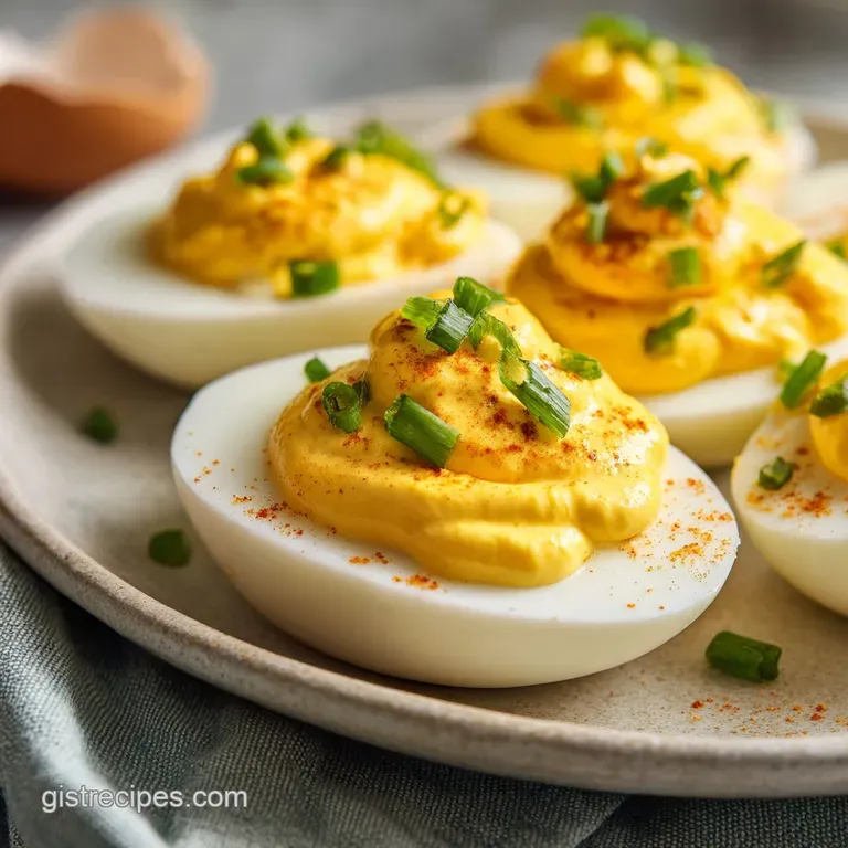 Elegant spoonful of smooth, pale yellow deviled egg dip topped with vibrant paprika and fresh green chives, served on a pl...