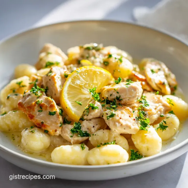 Elegant plating of creamy lemon chicken gnocchi. Tender chicken, soft gnocchi and vibrant sauce are topped with fresh herbs.