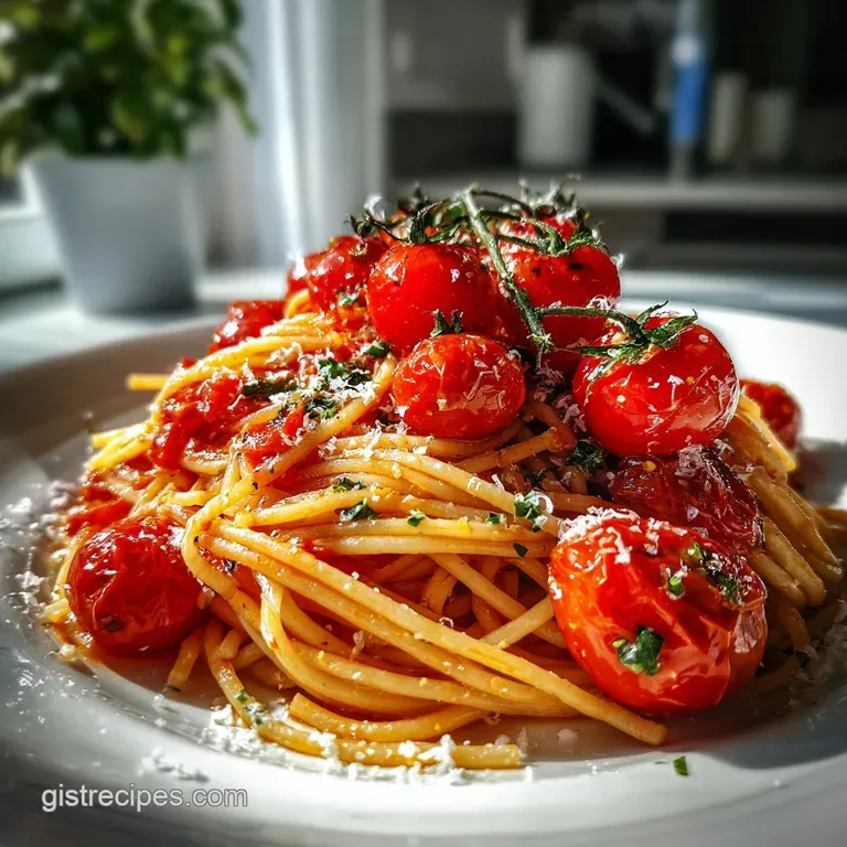 Glossy, vibrant red tomato pasta in a shallow bowl, topped with basil & grated cheese. Garlic cloves nestled among the noo...
