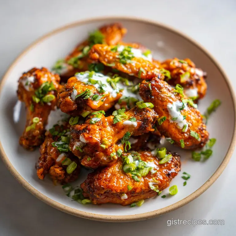 Buffalo wings glistening with sauce, artfully arranged on a plate. Garnished with fresh herbs and a tangy blue cheese dip.