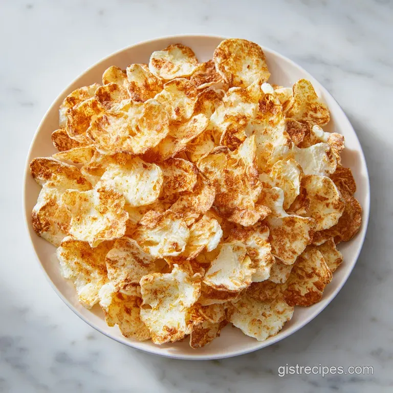 Delicate, irregularly shaped cottage cheese crisps arranged artfully on a white plate with a sprinkle of herbs.