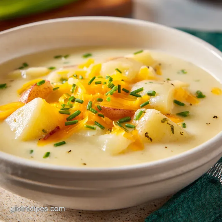 A rustic ceramic bowl filled with thick white soup, topped with a swirl of cream and toasted golden bacon pieces.