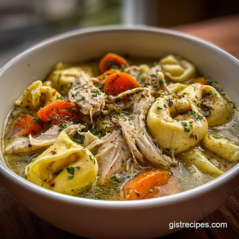 A steaming bowl of rich chicken tortellini soup garnished with a dollop of sour cream and fresh, vibrant green herbs.