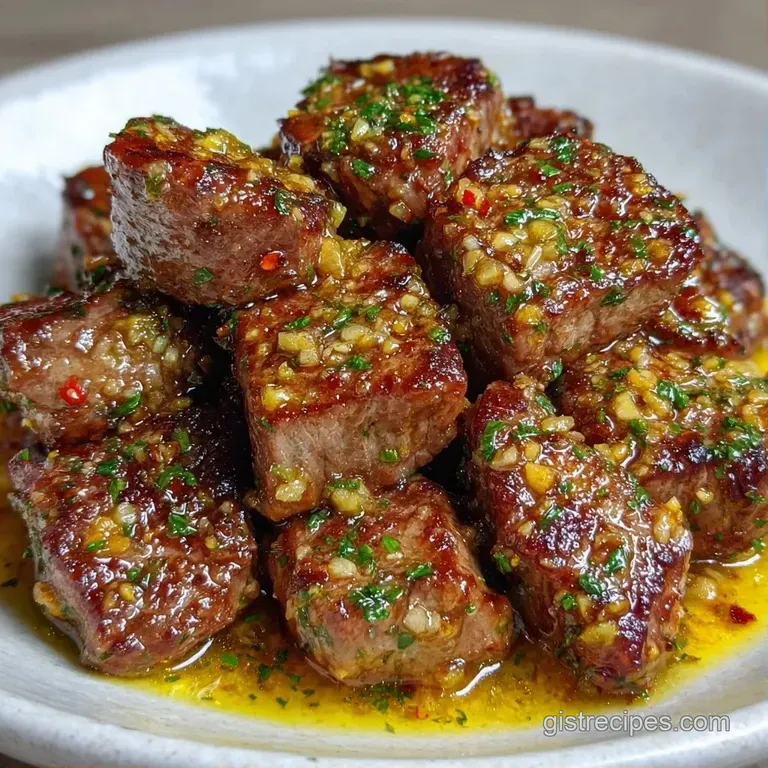 Browned beef cubes arranged on a white ceramic platter, drizzled with melted garlic butter and chopped herbs.