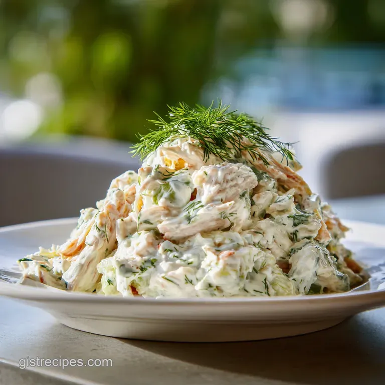 Elegant scoop of dill pickle chicken salad, speckled with herbs, atop leafy greens. Bright, inviting, and ready to eat.