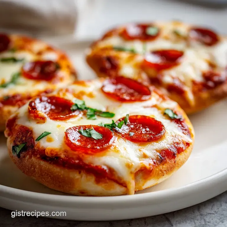 Tiny golden pizza rounds arranged on a white plate, topped with melted cheese and vibrant red pepperoni slices.
