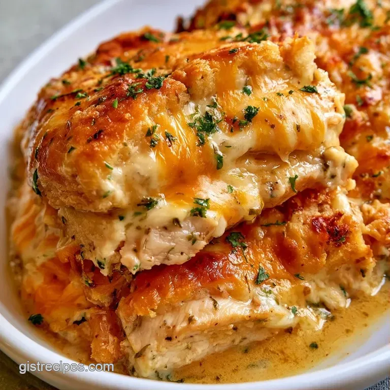 A square slice of creamy casserole with a crisp, buttery crust served on a white plate with a sprig of parsley.