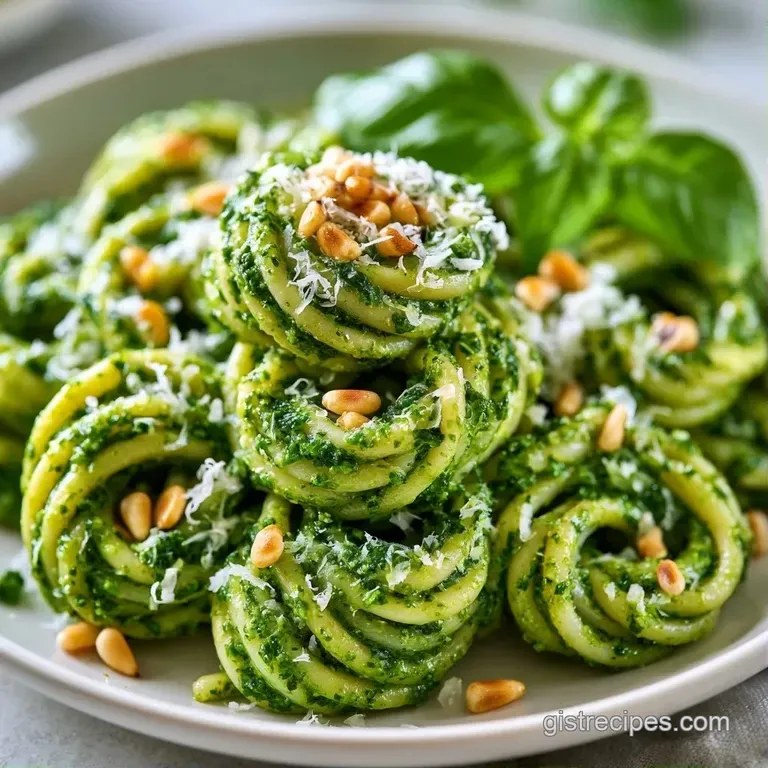 A swirl of vibrant green pasta on a white ceramic plate, garnished with toasted pine nuts and a sprig of basil.