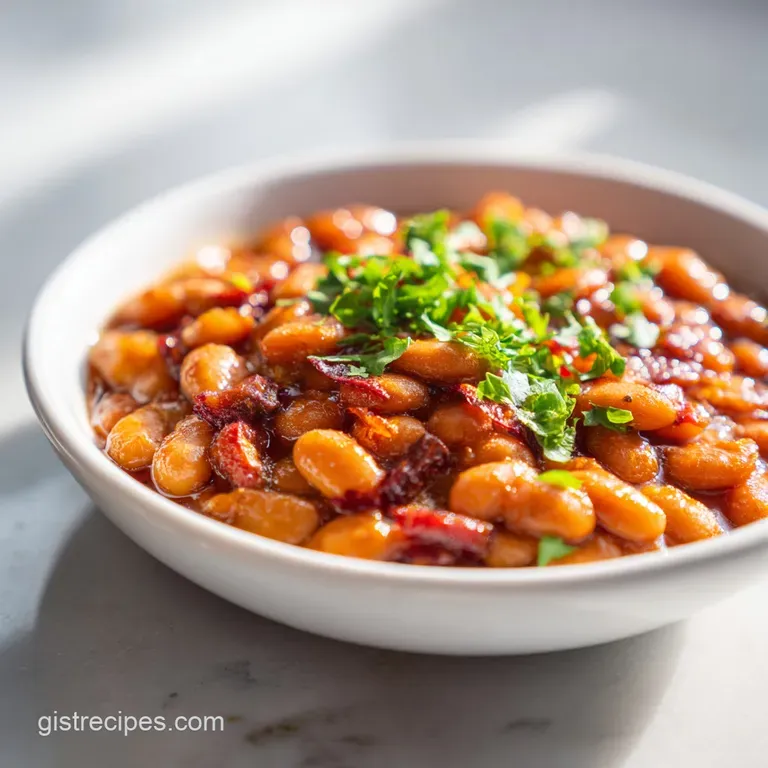 BBQ beans in a rustic bowl, garnished with chopped green onion. Smoky aroma visually implied with gentle steam rising.