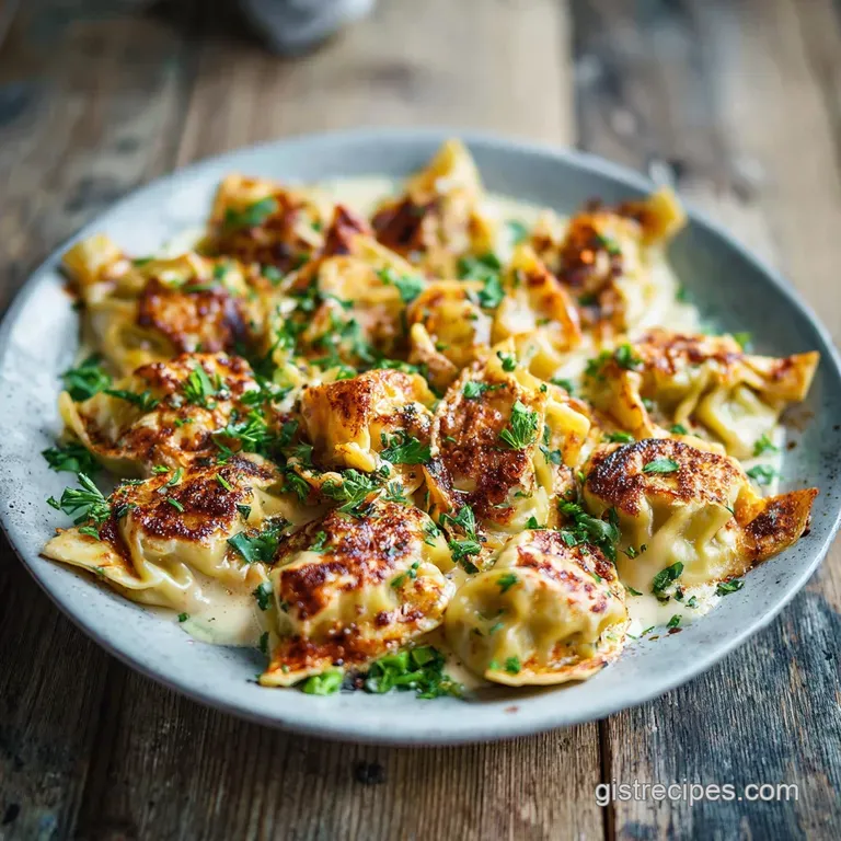 Steaming dumpling bake with rich coconut milk sauce, served in a white dish; vibrant green herbs add freshness and visual ...