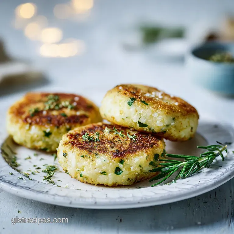 A stack of potato cakes, artfully arranged, topped with fresh herbs and a dollop of sour cream.