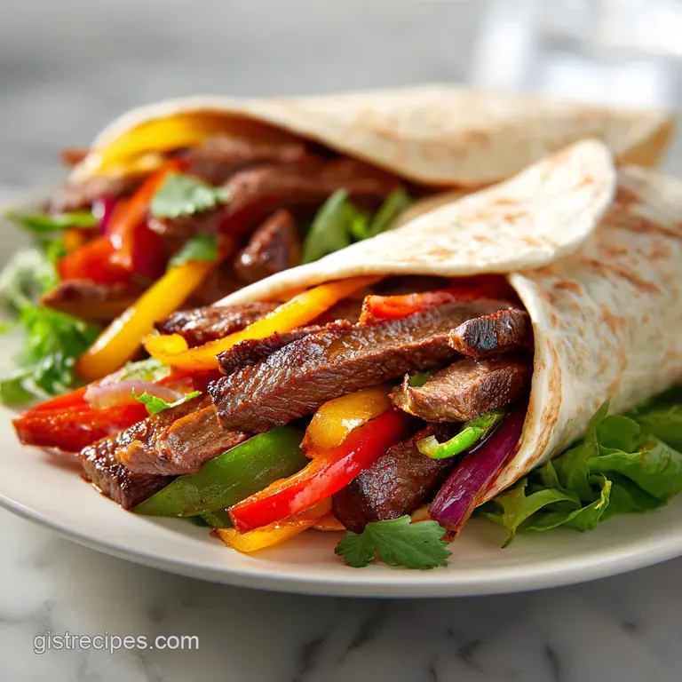 Perfectly seared flank steak slices cascade over colorful sauteed peppers and onions on a rustic wooden platter, ready to ...