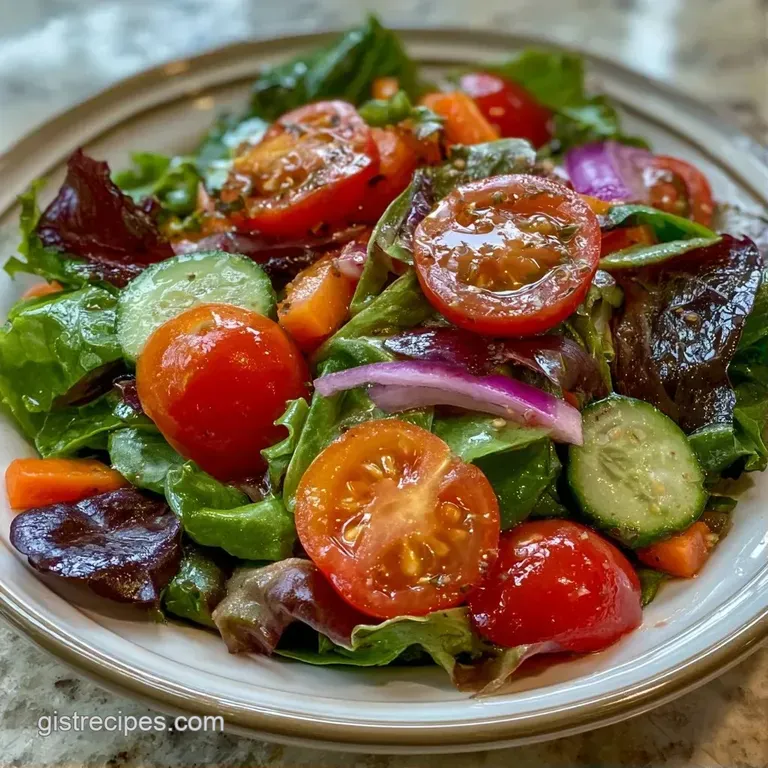 Vibrant mixed greens and sliced vegetables artfully arranged in a ceramic bowl with a light, glossy dressing.