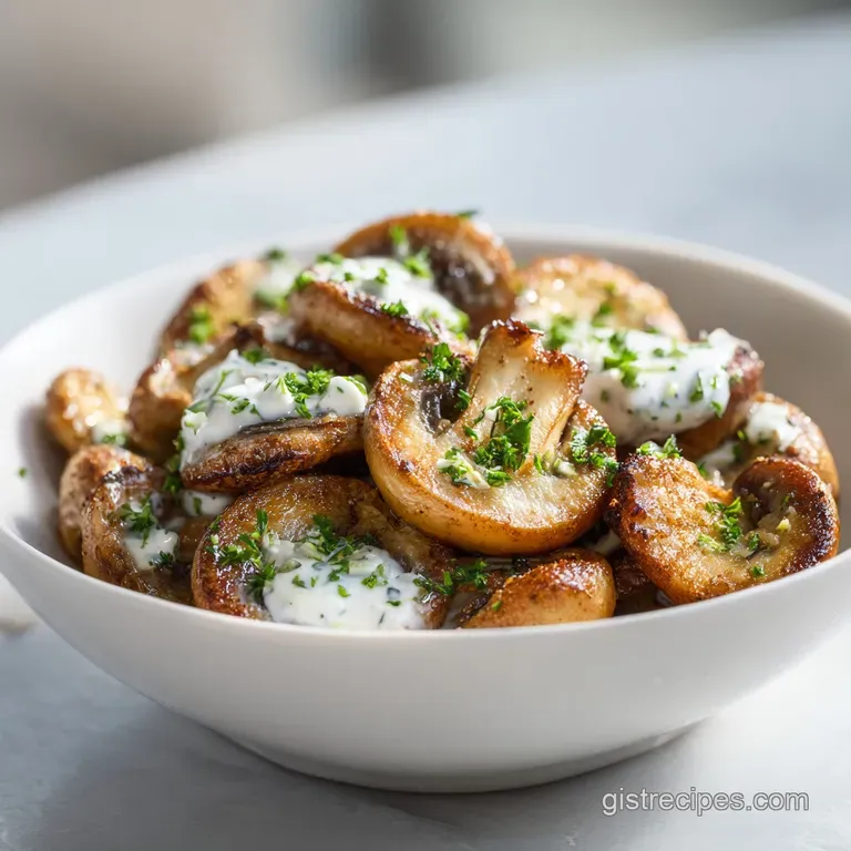 Golden fried mushrooms artfully arranged on a white plate with a swirl of cool ranch, inviting and fresh.