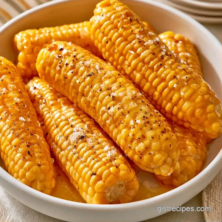 Golden corn cobs arranged on a rustic wooden board, finished with a sprinkle of paprika and fresh herbs.