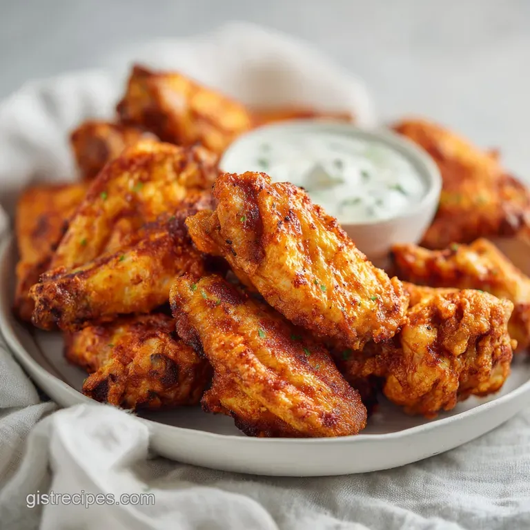 Crisp, golden-fried buffalo wings arranged artfully on a plate with creamy blue cheese dip and crunchy celery sticks.