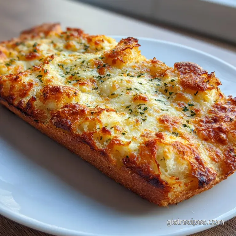 A slice of garlic bread pizza lifted to show airy, bubbly crust and stringy, melted cheese, inviting and rustic.