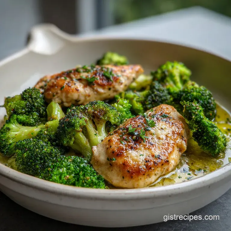 Perfectly plated chicken and broccoli with a rich, buttery sauce, garnished with fresh herbs on a clean, white plate.