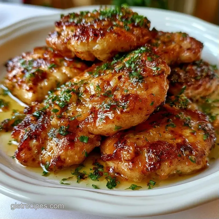 Plated seared protein with a glossy garlic butter glaze and fresh parsley sprigs on a minimalist white ceramic plate.