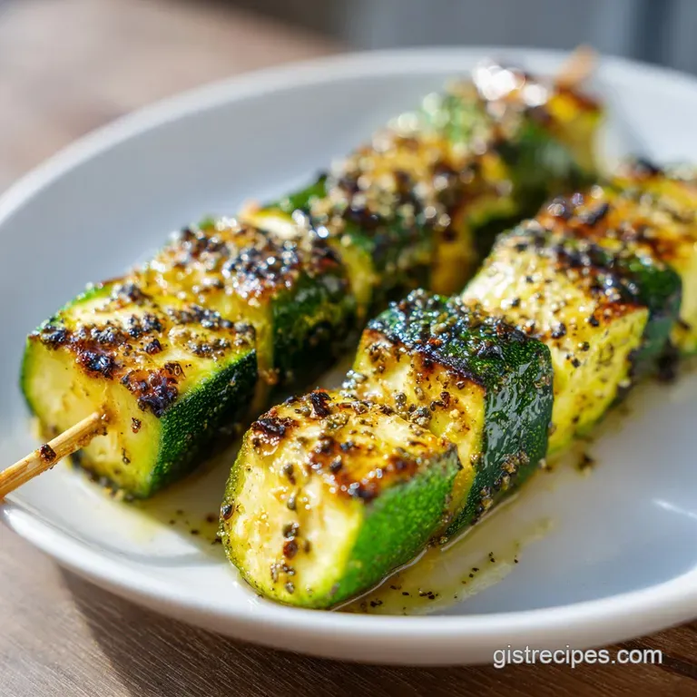 Grilled green zucchini slices on skewers arranged elegantly on a white platter with bright lemon slices.
